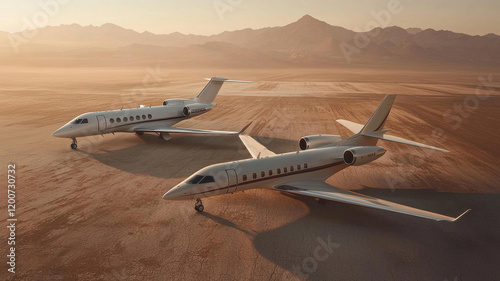 Sleek private jet on pristine tarmac at sunset, showcasing luxury travel