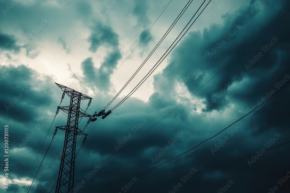 High-tension wire swaying in the wind against dark clouds power line infrastructure stormy environment dynamic viewpoint nature and technology concept High-tension wire swaying in the wind against dark clouds power line infrastructure stormy environment dynamic viewpoint nature and technology concept