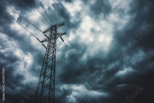 High-tension wire swaying in the wind against dark storm clouds power line infrastructure industrial landscape dramatic weather conditions low angle viewpoint electrical concept photo