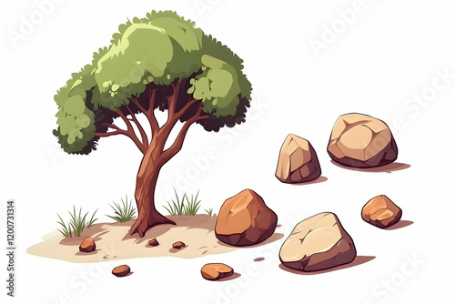 Cartoon Tree and Rocks Stan...
