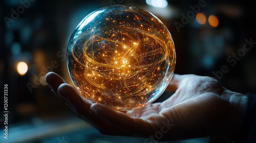 A crystal ball with glowing star charts, planetary diagrams, and astrology symbols swirling inside, offering glimpses of destiny photo