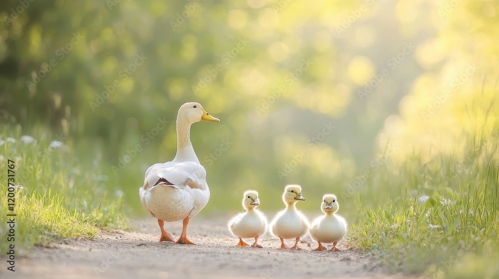 Family of Ducks Waddling Along a Dirt Path Surrounded by Lush Greenery in Soft Morning Light Family of Ducks Waddling Along a Dirt Path Surrounded by Lush Greenery in Soft Morning Light