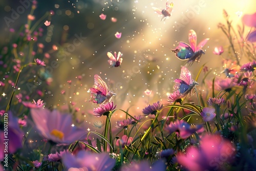 Magical butterflies soaring over a meadow of blooming pink and purple flowers