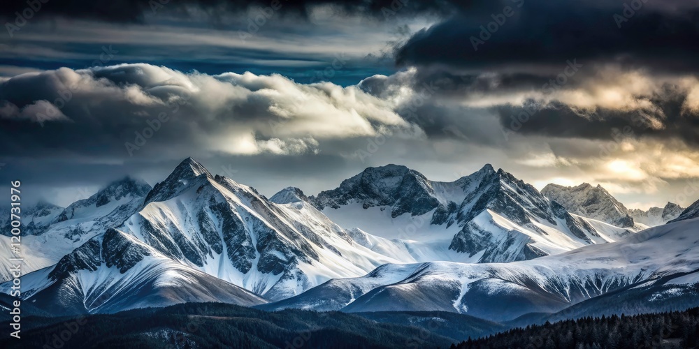 Atmospheric Snow-Covered Mountain Ranges Under Gloomy Clouds - Minimalist Photography, Nature Scenery, Winter Landscape, Scenic Mountains, Cloudy Skies, Serene Views, Tranquil Environment Atmospheric Snow-Covered Mountain Ranges Under Gloomy Clouds - Minimalist Photography, Nature Scenery, Winter Landscape, Scenic Mountains, Cloudy Skies, Serene Views, Tranquil Environment