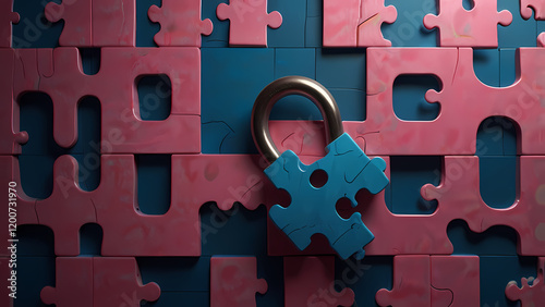 An abstract composition showing two halves of a puzzle in contrasting colors (blue and pink) coming together to form a single object, like a key and a lock