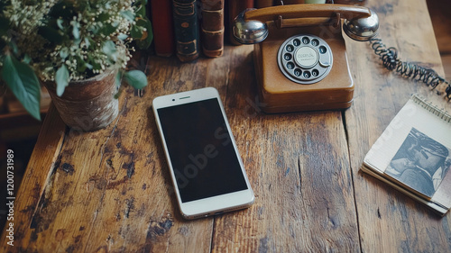 Sleek smartphone beside vintage rotary telephone on wooden table