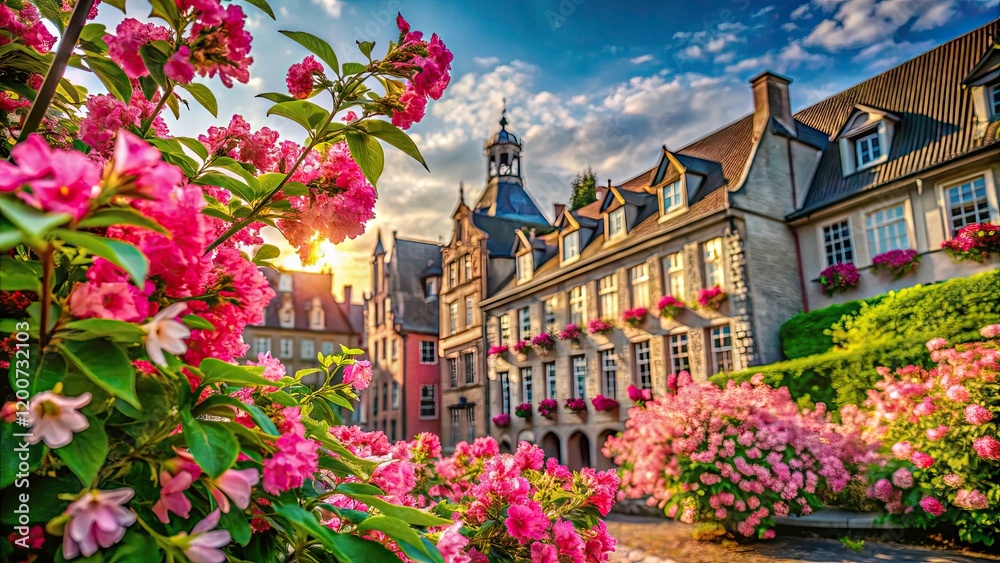 Beautiful Architectural Photography of a Charming Old Fashioned Weigela in Bloom Surrounded by Historic Buildings, Lush Gardens, and Serene Outdoor Spaces Beautiful Architectural Photography of a Charming Old Fashioned Weigela in Bloom Surrounded by Historic Buildings, Lush Gardens, and Serene Outdoor Spaces