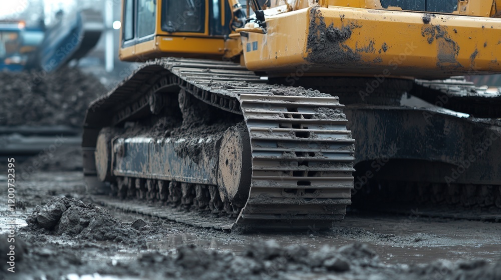 Obraz premium A close-up of construction machinery, such as a bulldozer or excavator, in action.