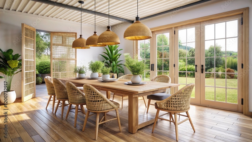Fototapeta premium Bright and Inviting Dining Room with Wooden Table and Rattan Chairs - Conceptual Photography