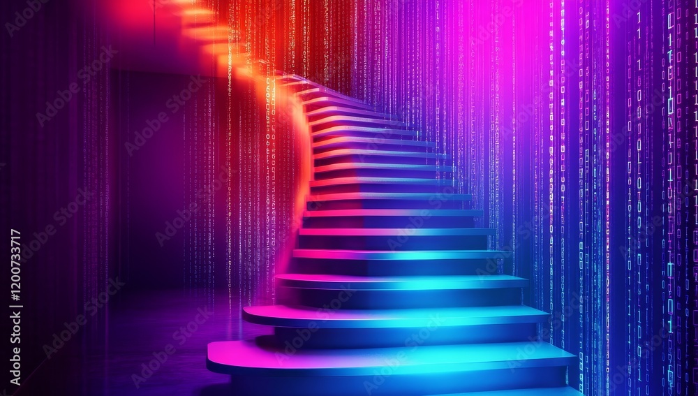 Neon spiral staircase in vibrant digital room. Neon spiral staircase in vibrant digital room.