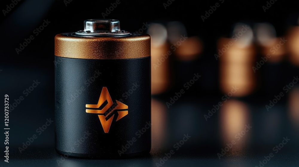 Fototapeta premium Close-up of a cylindrical battery; dark background, blurred batteries. For technology articles