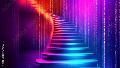 Neon spiral staircase in vibrant digital room.