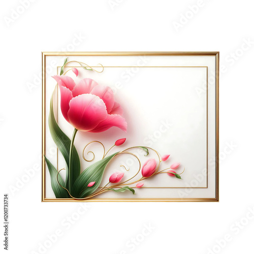 Golder frame with Pink flowers Decorate on Transparent background. Generative AI photo