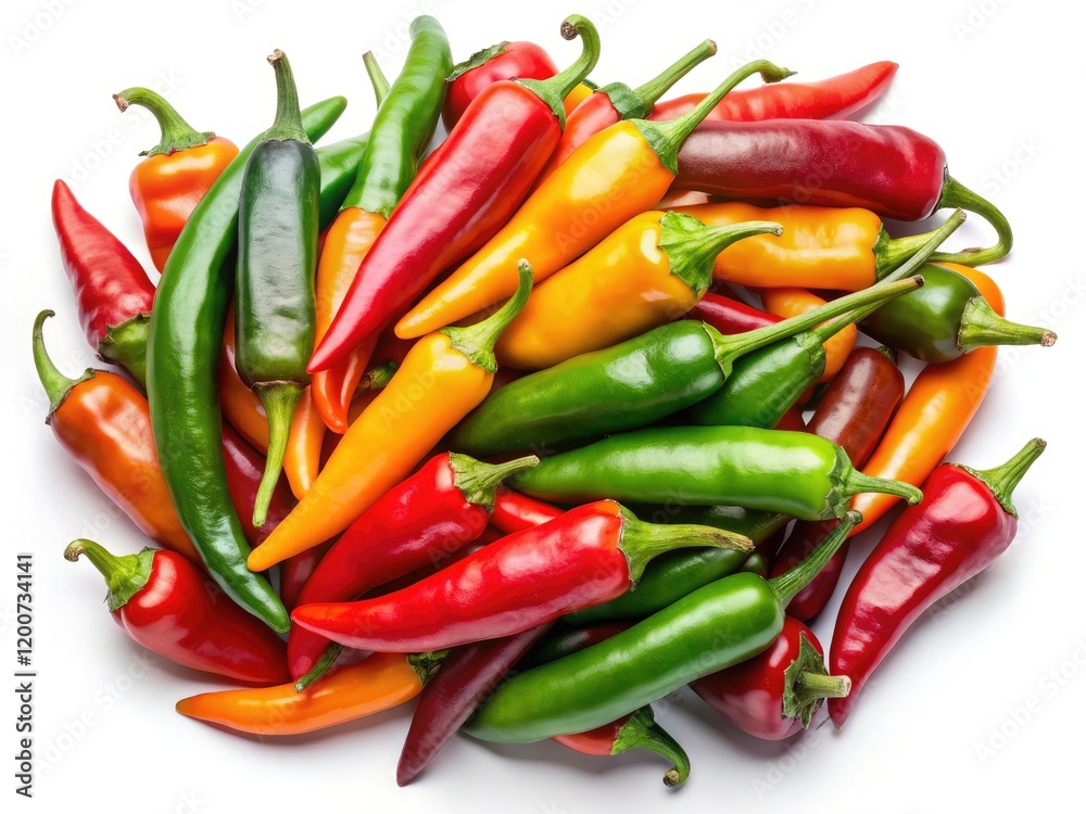 High-resolution stock photo showcasing a panoramic spread of red, green, and orange chili peppers. High-resolution stock photo showcasing a panoramic spread of red, green, and orange chili peppers.