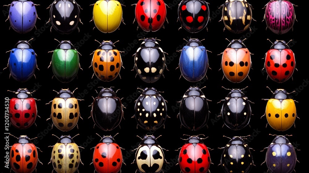 Obraz premium Colorful Ladybugs Arranged in Grid Pattern on Black
