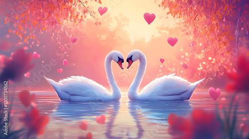 Fototapeta Naklejka Na Ścianę i Meble -  Art Romantic swan couple, Art love couple of swan, love concept, illustrations ,Generative ai