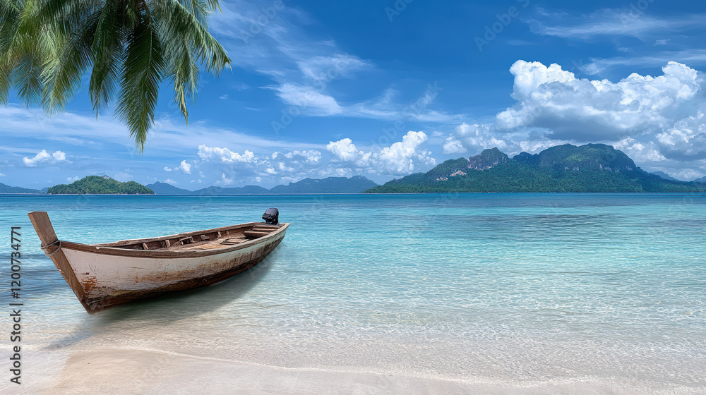 serene beach scene featuring wooden boat on clear turquoise water, surrounded by lush islands serene beach scene featuring wooden boat on clear turquoise water, surrounded by lush islands