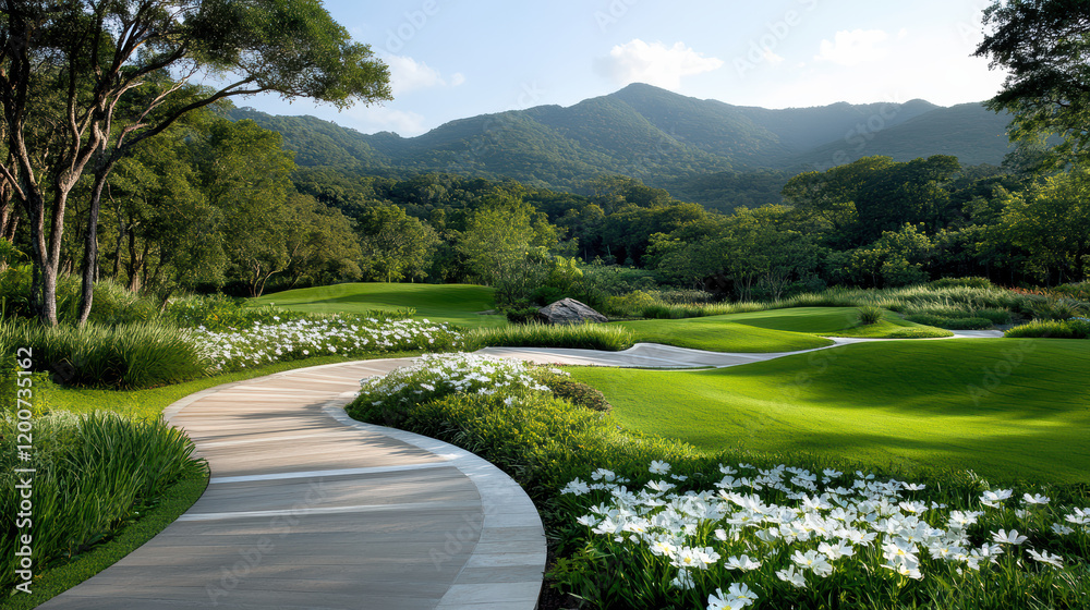Obraz premium Lush green hills and vibrant flowers in serene botanical garden
