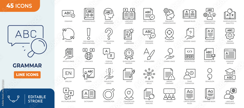 grammar icon set. containing Language Skills, Grammar Checkers, Pragmatic Understanding, rule, linguistic, morphology, and More. Vector illustration