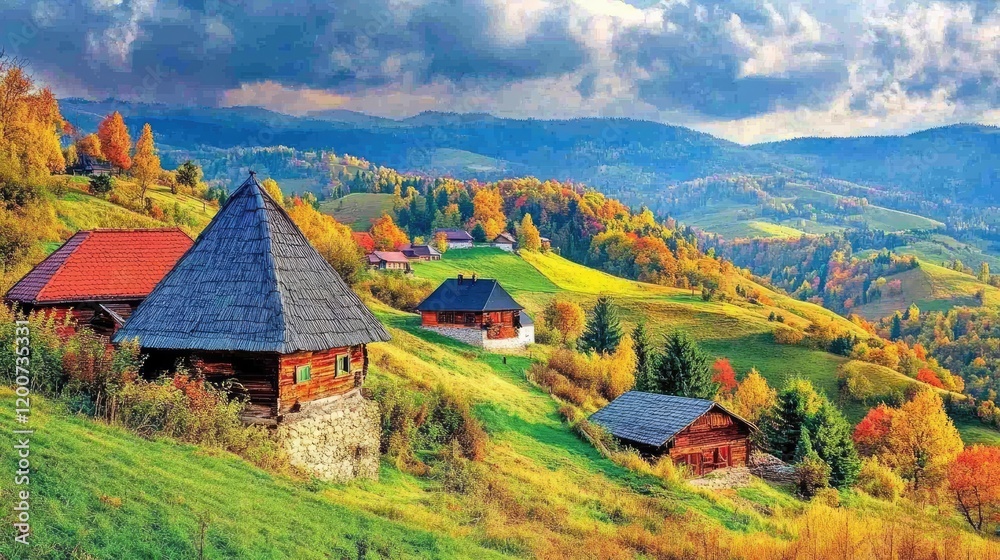 Autumnal village nestled in mountains. Scenic hillside homes, vibrant foliage. Travel postcard Autumnal village nestled in mountains. Scenic hillside homes, vibrant foliage. Travel postcard