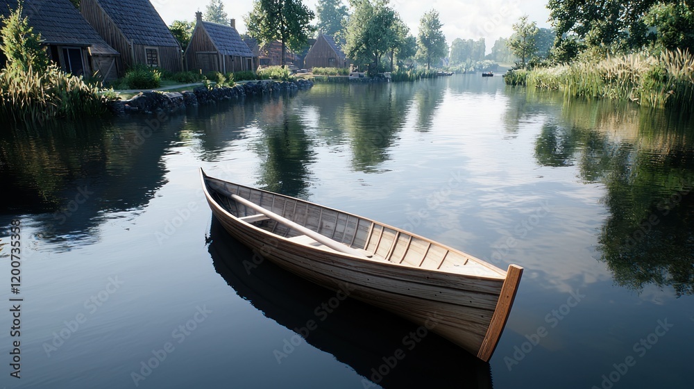 A serene river scene with a wooden boat and rustic houses. A serene river scene with a wooden boat and rustic houses.