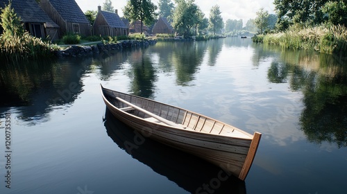 A serene river scene with a wooden boat and rustic houses.