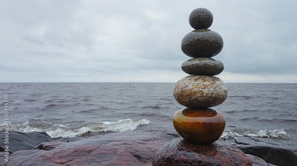Fototapeta premium Balanced stones stack near sea under cloudy sky.