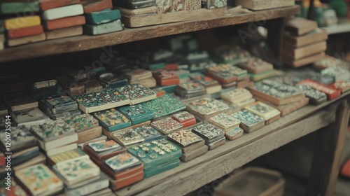 Colorful Mosaic Tile Crafts Displayed on Wooden Shelves