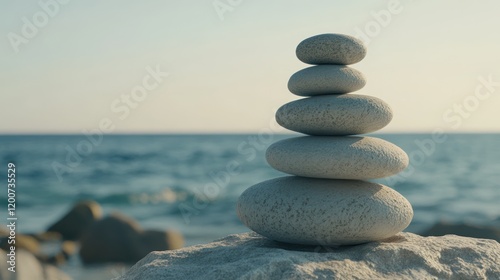 Stacked stones on beach, ocean background.