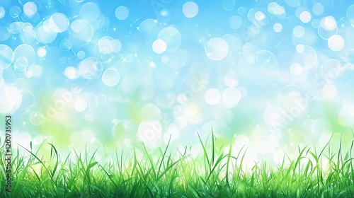 Springtime Bliss: A vibrant green grass field stretches towards a breathtaking sky, dotted with shimmering bokeh, evoking a sense of serenity and hope.