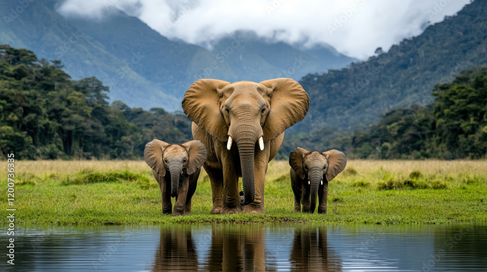 Fototapeta premium Majestic elephants standing by serene water body in lush sanctuary