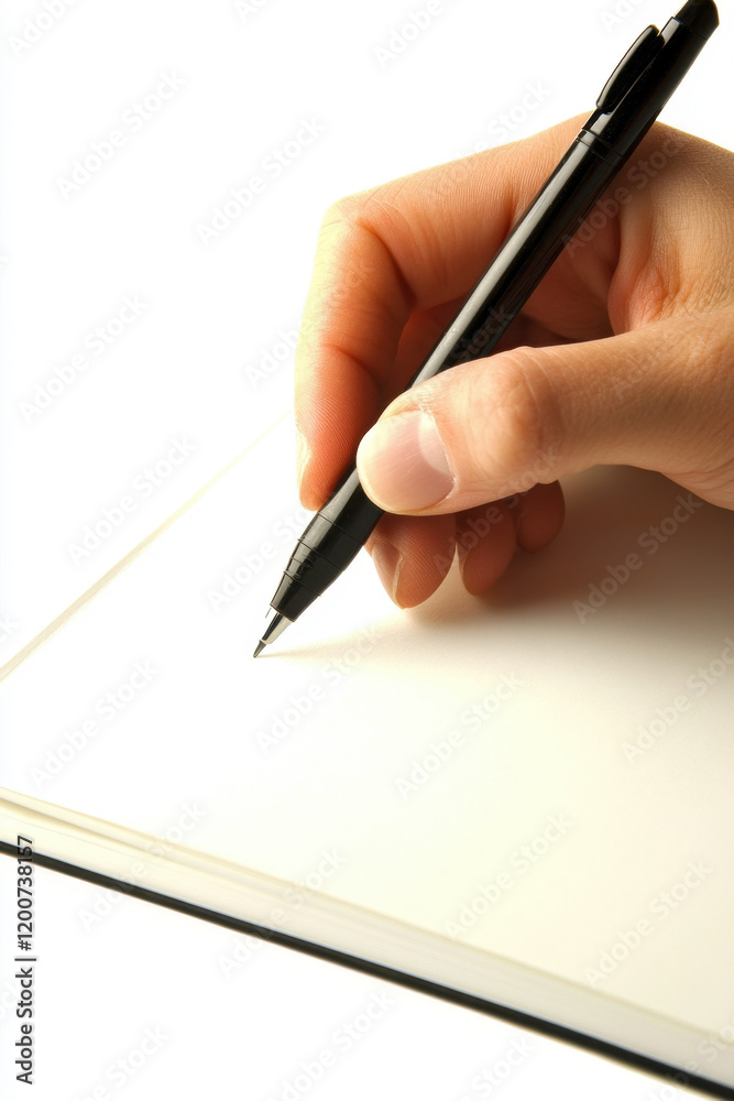 Close-up of a hand holding a pen poised over a blank page, ready to write. Close-up of a hand holding a pen poised over a blank page, ready to write.
