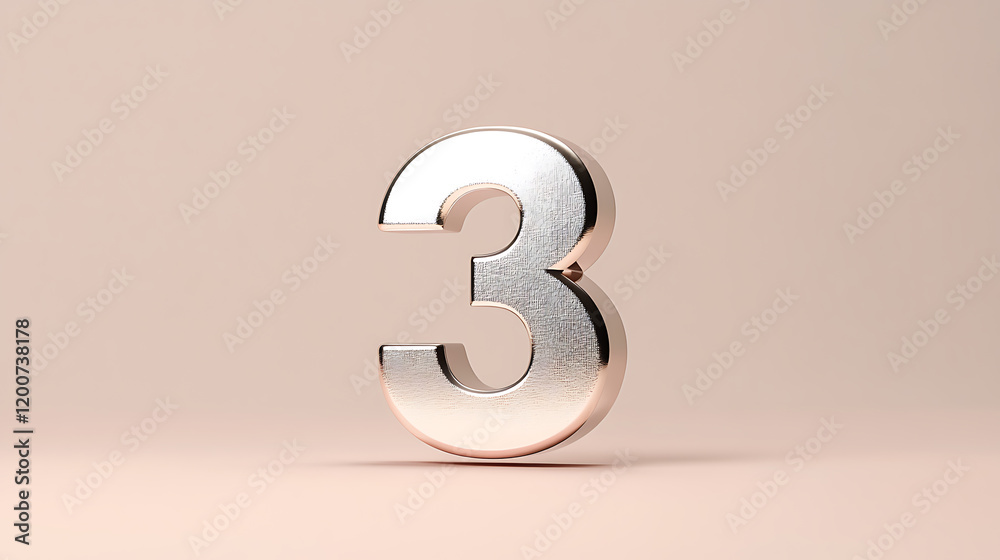 Number three in a sleek silver style, standing in a modern minimalistic environment with soft shadowing Number three in a sleek silver style, standing in a modern minimalistic environment with soft shadowing