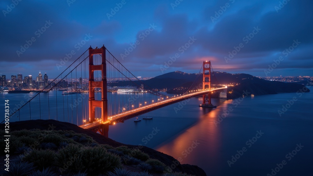 The iconic Golden Gate Bridge glows with vibrant orange lights against San Francisco's skyline, gracefully arching over a vast blue sea in an enchanting evening view The iconic Golden Gate Bridge glows with vibrant orange lights against San Francisco's skyline, gracefully arching over a vast blue sea in an enchanting evening view