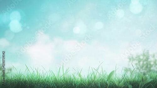 Serene Spring Meadow:  A tranquil landscape featuring a vibrant green grass foreground with a soft-focus background of a hazy blue sky and blurred trees, evoking a sense of calm and peace. 
