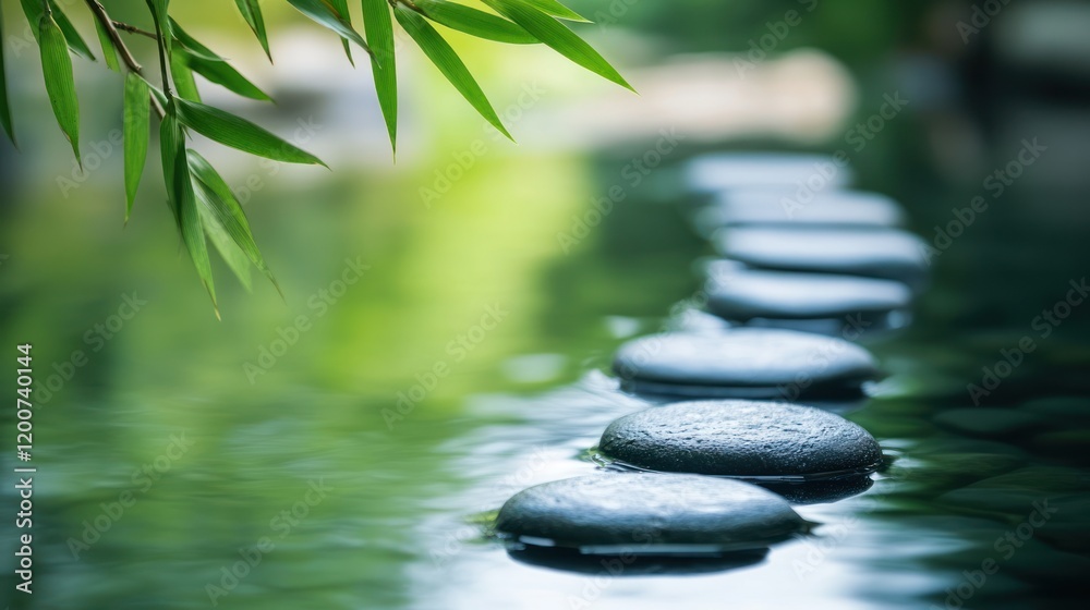 Fototapeta premium Serene stepping stones in calm water, bamboo leaves.