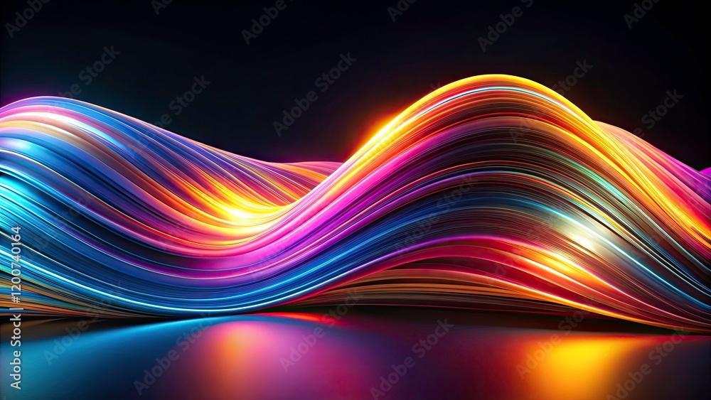 Obraz premium Dynamic Abstract Wave Lines Pattern in Colorful Light on Black Background for Music, Technology, and Modern Party Concepts