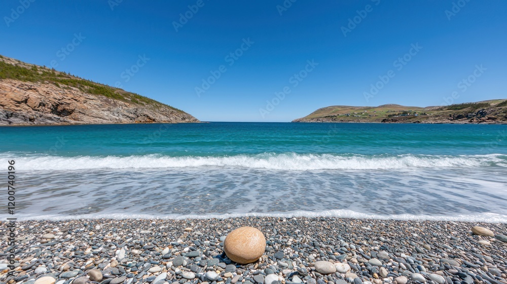 Serene beach scene with pebbles and calm turquoise waters. Serene beach scene with pebbles and calm turquoise waters.