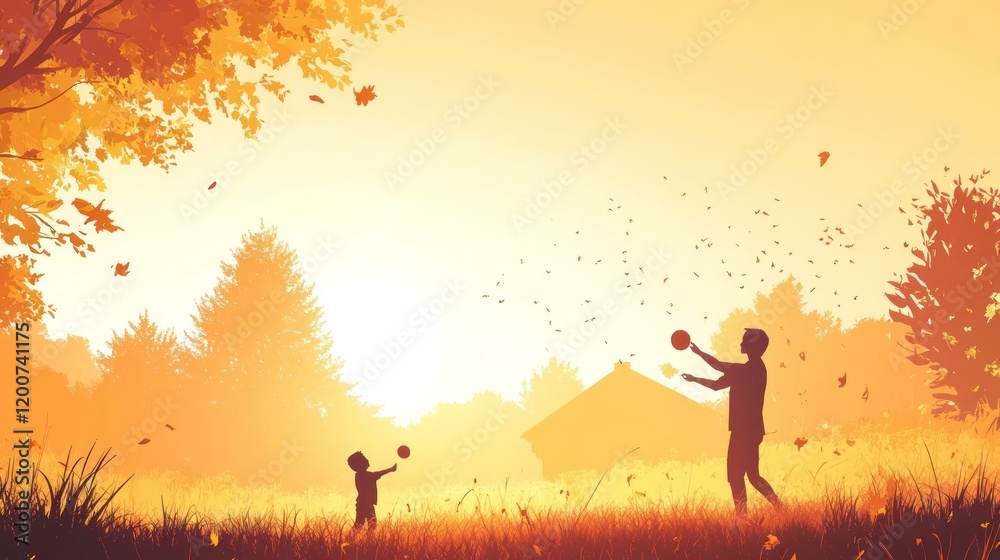 Father and son playing with ball at sunset in autumn. Father and son playing with ball at sunset in autumn.