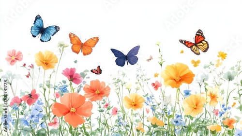 Colorful butterflies fluttering over a vibrant wildflower meadow.