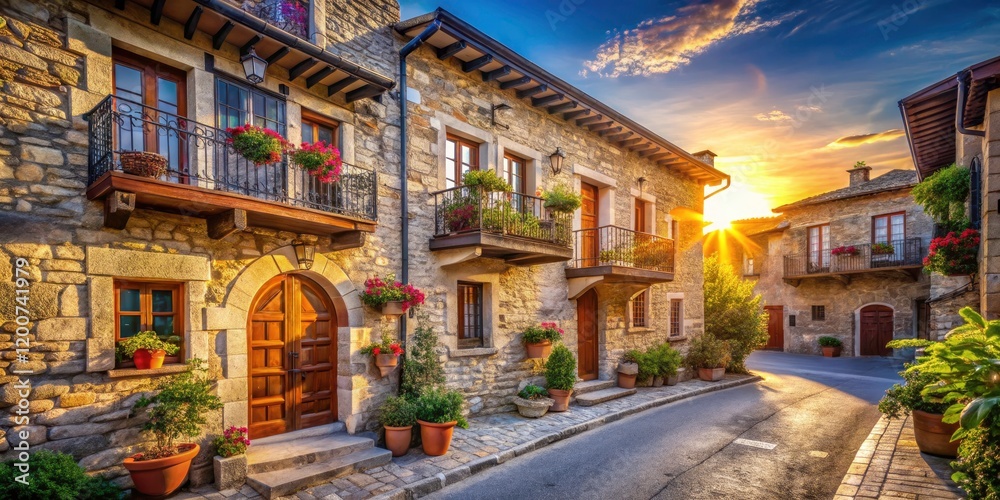 Elegant Stone House with Balconies Bathed in Warm Sunlight on a Serene Street Elegant Stone House with Balconies Bathed in Warm Sunlight on a Serene Street
