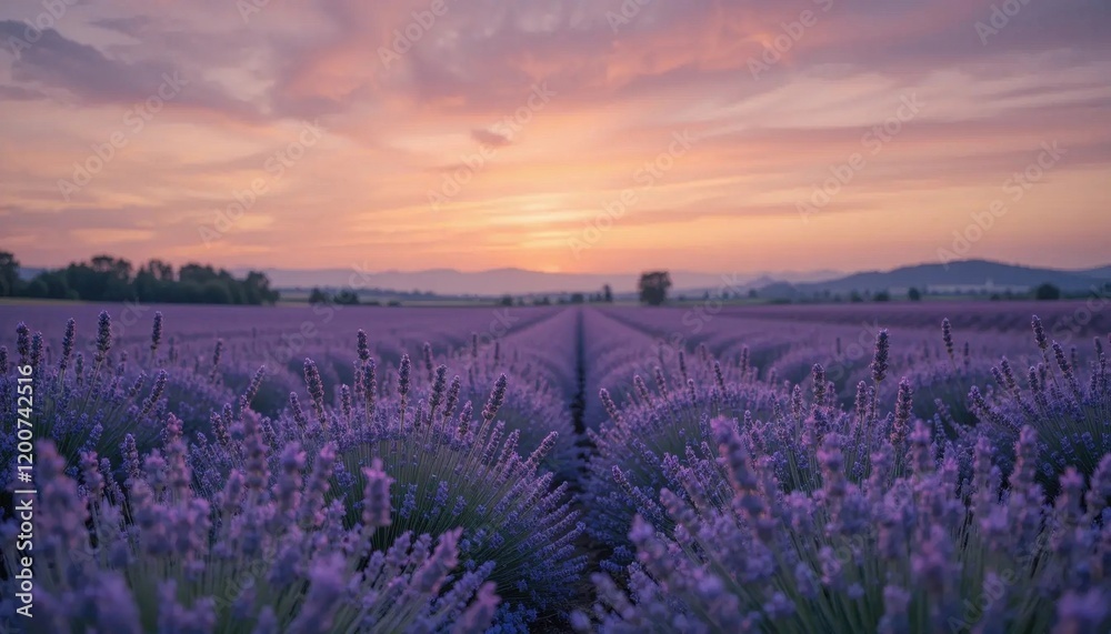 Obraz premium Lavender Sunset: Serene Lavender Field at Golden Hour