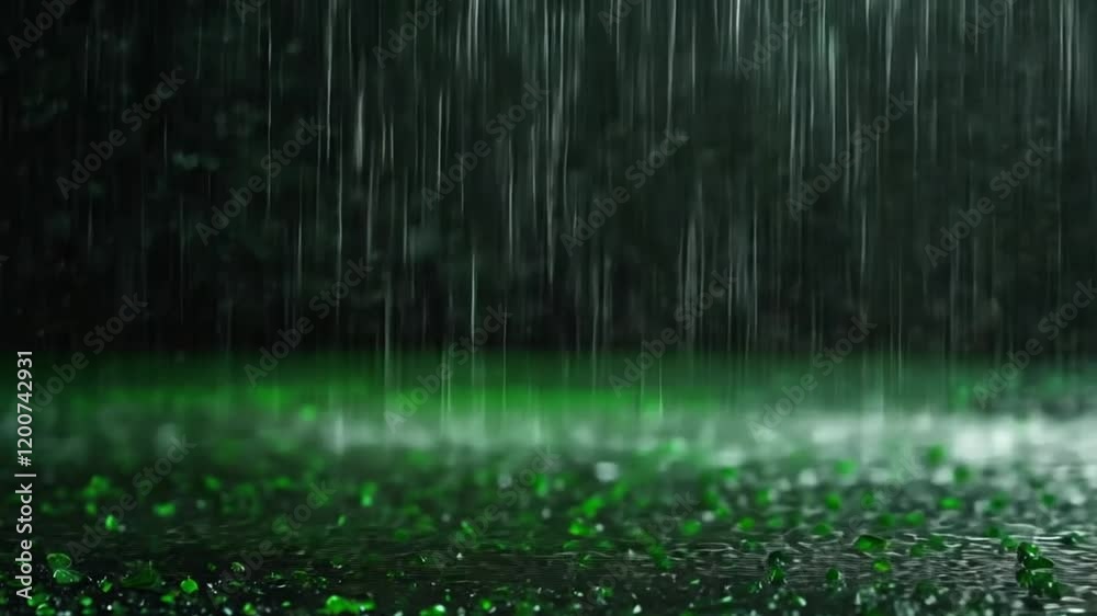 Heavy rain falling on green ground, dark background, atmospheric mood