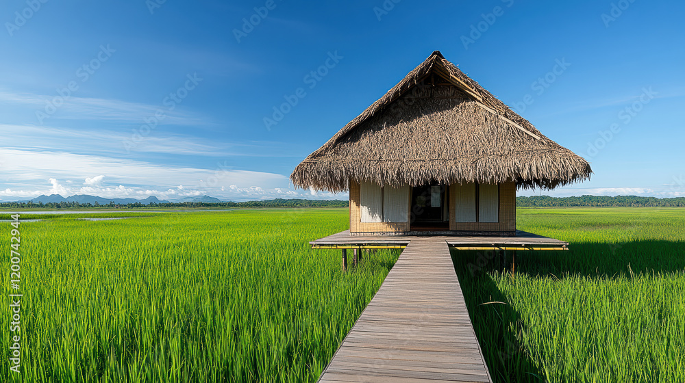 Traditional bamboo house in rice field under blue sky, serene atmosphere Traditional bamboo house in rice field under blue sky, serene atmosphere