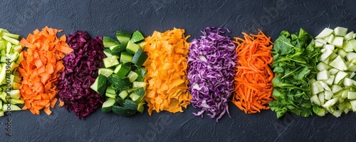 A vibrant array of finely chopped vegetables, including carrots, cucumbers, and purple cabbage, artistically arranged on a dark surface.