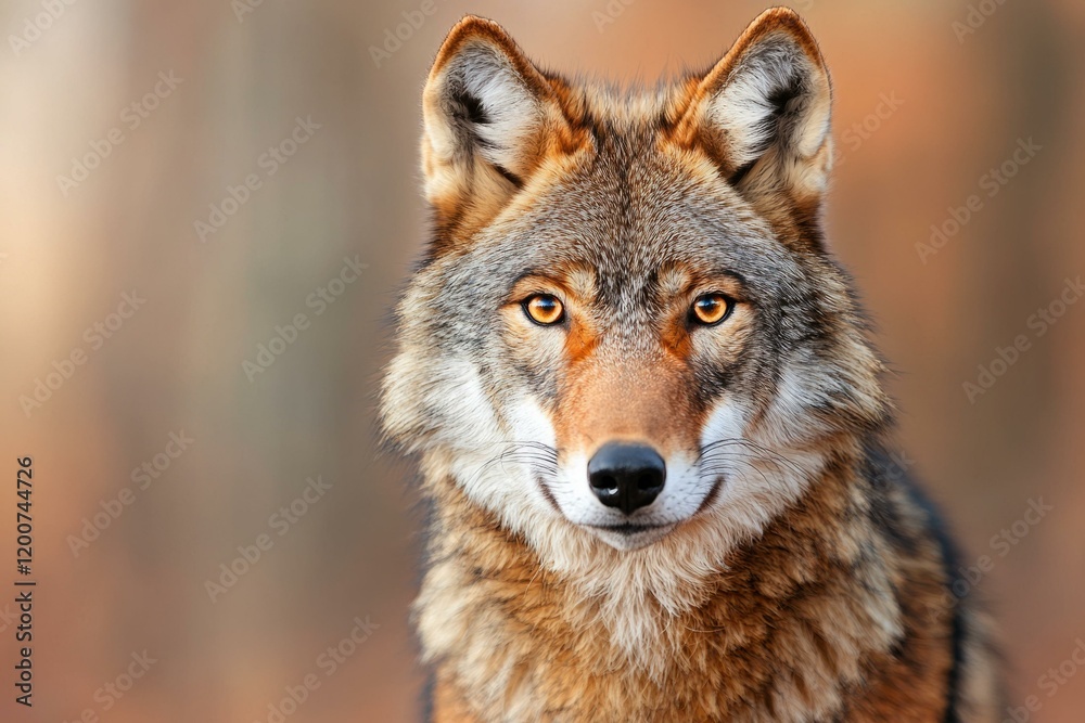 Close up portrait of a wolf gazing directly at the camera in natural habitat Close up portrait of a wolf gazing directly at the camera in natural habitat