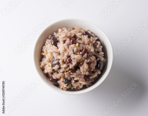 Close up and top angle view of Jeongwol Daeboreum Five-grain rice on bowl and white floor, South Korea photo