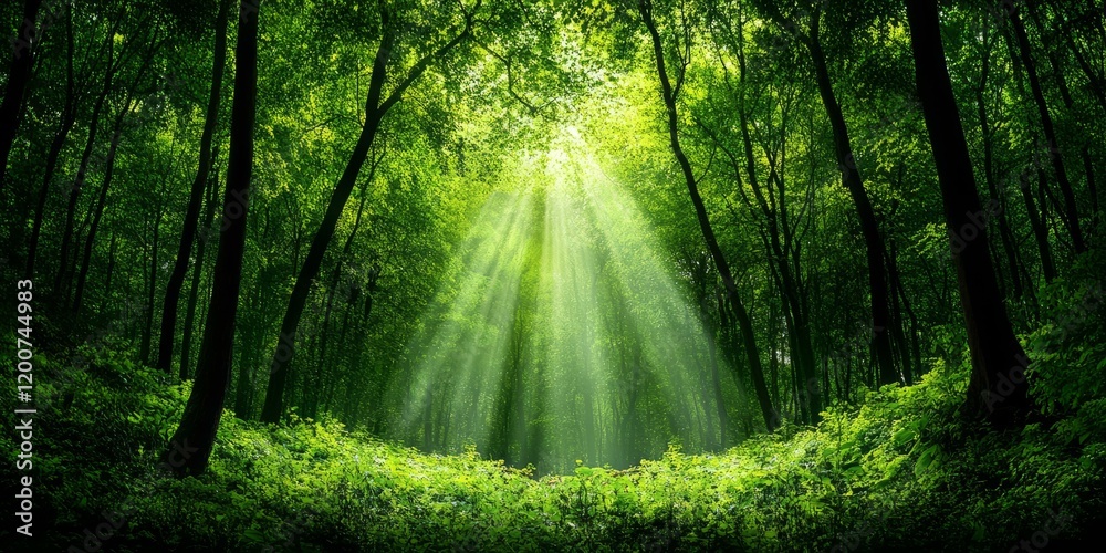 Obraz premium Forest scene with sunlight filtering through the trees creating a serene natural atmosphere