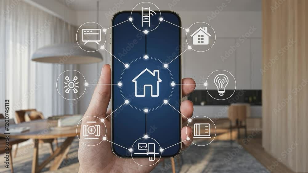 Smart Home Control: A hand holds a smartphone displaying a network of smart home icons, illustrating seamless control over home appliances and security.