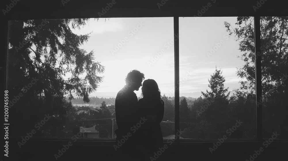 Fototapeta premium Couple Silhouetted Against Sunset Window View